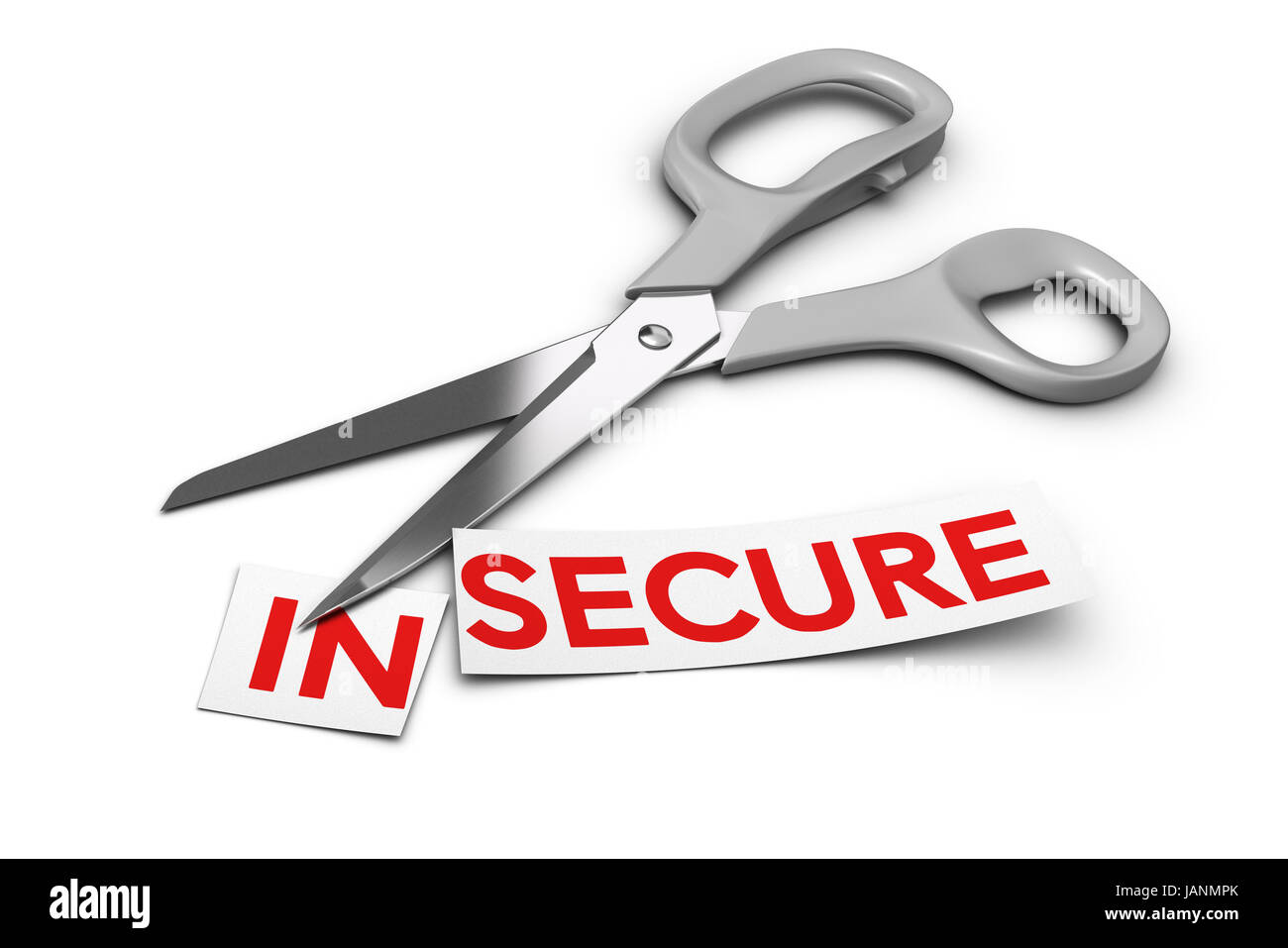 Word insecure cut in two parts in and secure. Scissors at the ...