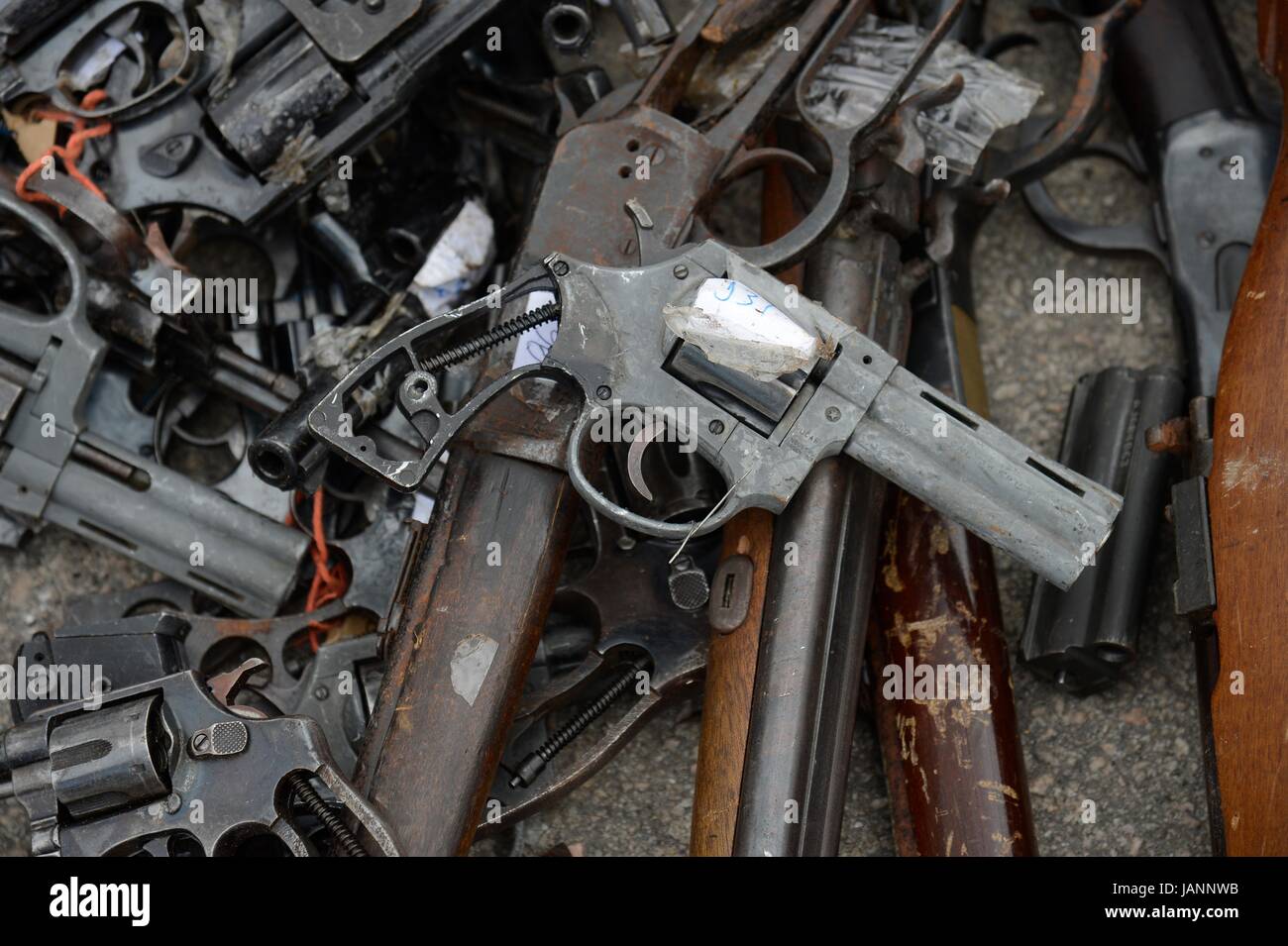 Police prepare to destroy more than 4000 firearms confiscated from criminals over the past two years June 2, 2017 in Rio de Janeiro, Brazil.   (photo by Tania Rego/Agency Brasil via Planetpix) Stock Photo
