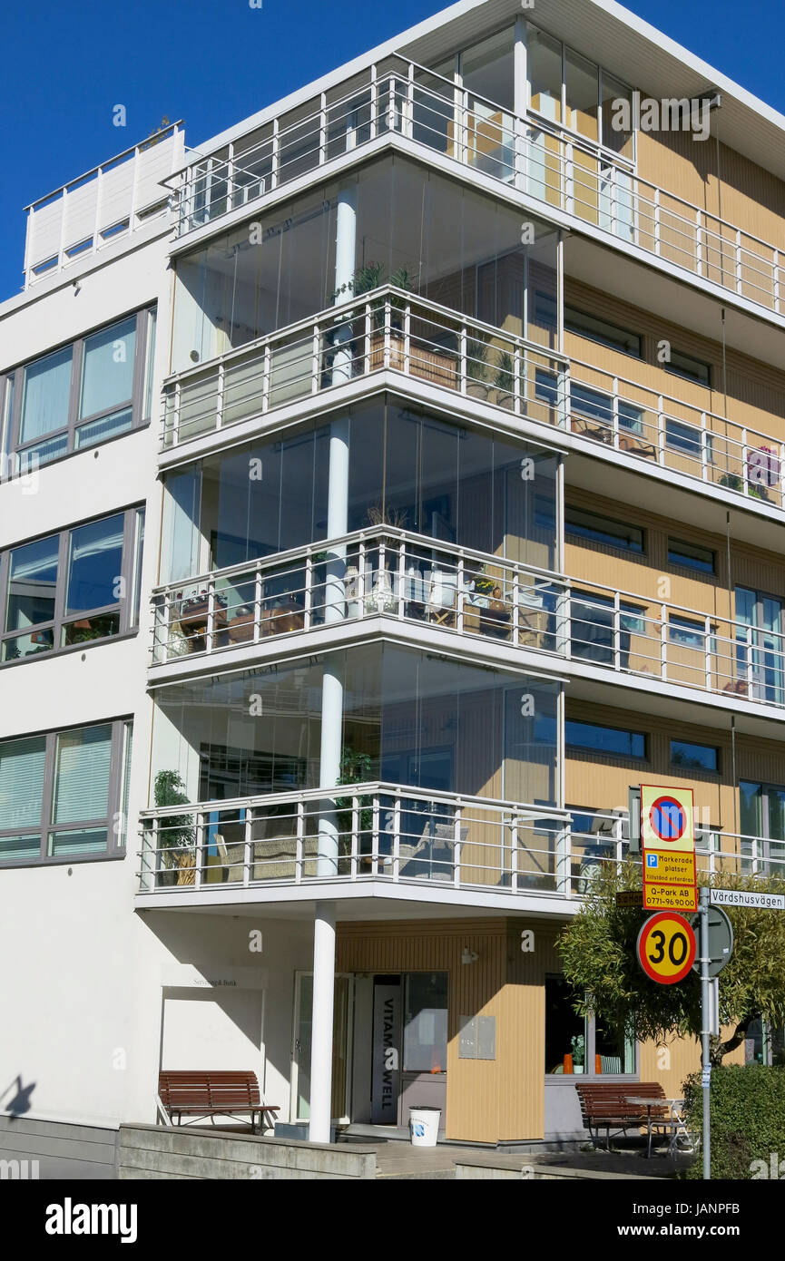 LIDINGÖ Gåshaga Homes with their glazed balconies 2017 Stock Photo