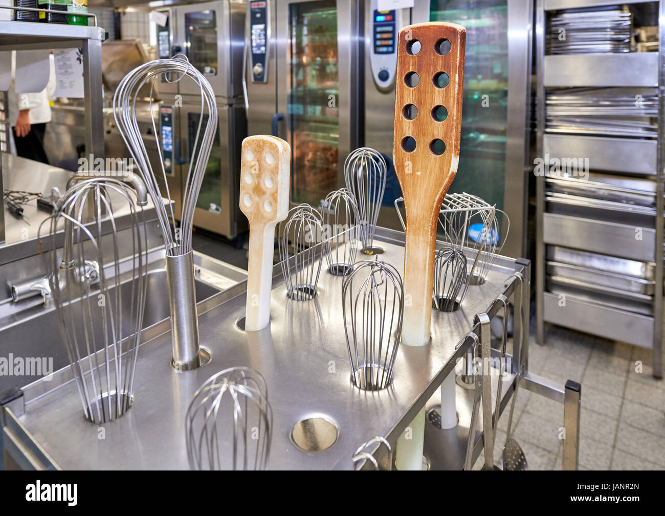 close up of huge kitchenware in canteen kitchen Stock Photo