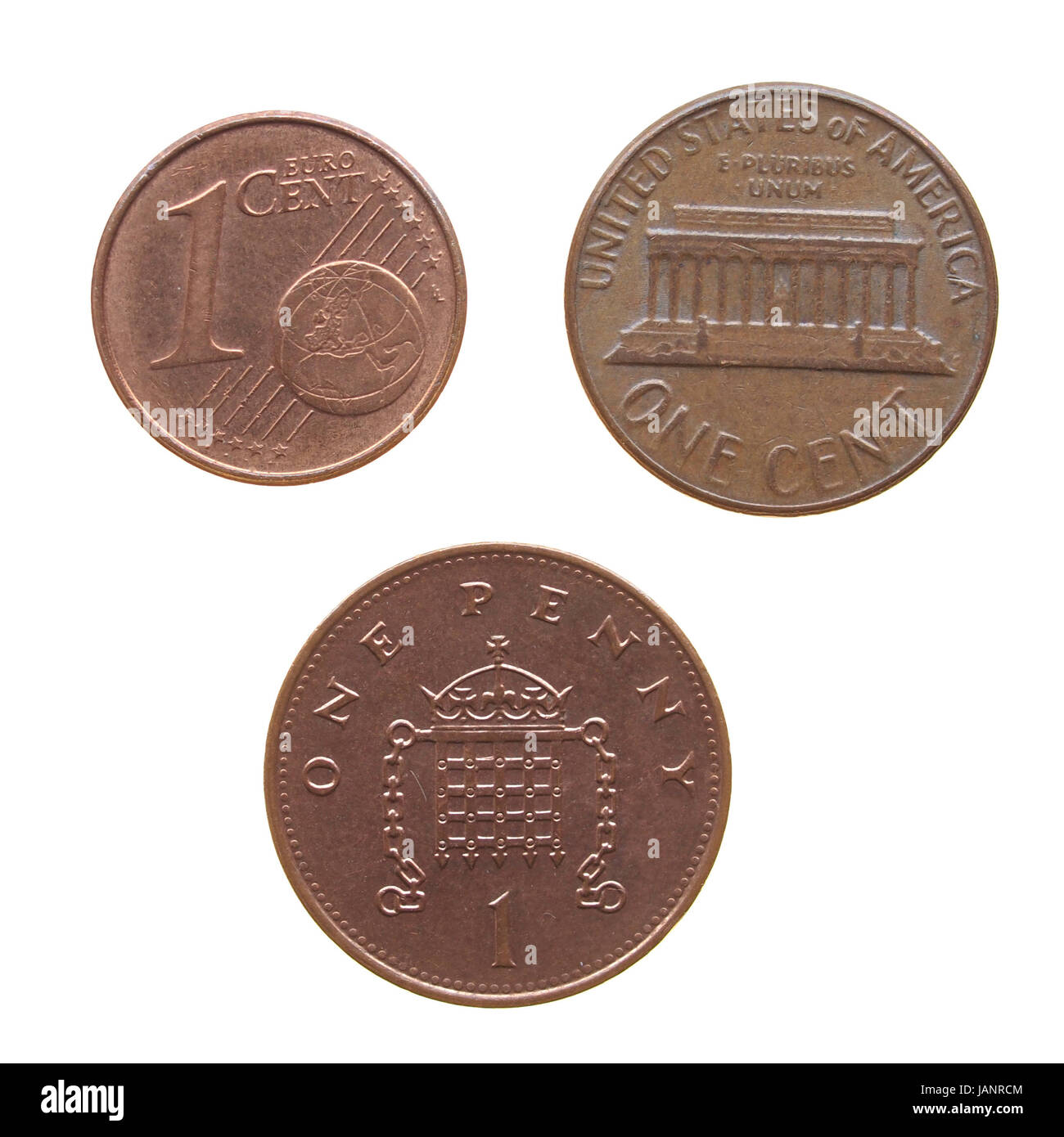 Dollars, Euro and Pounds - 1 Cent, 1 Penny Stock Image - Image of