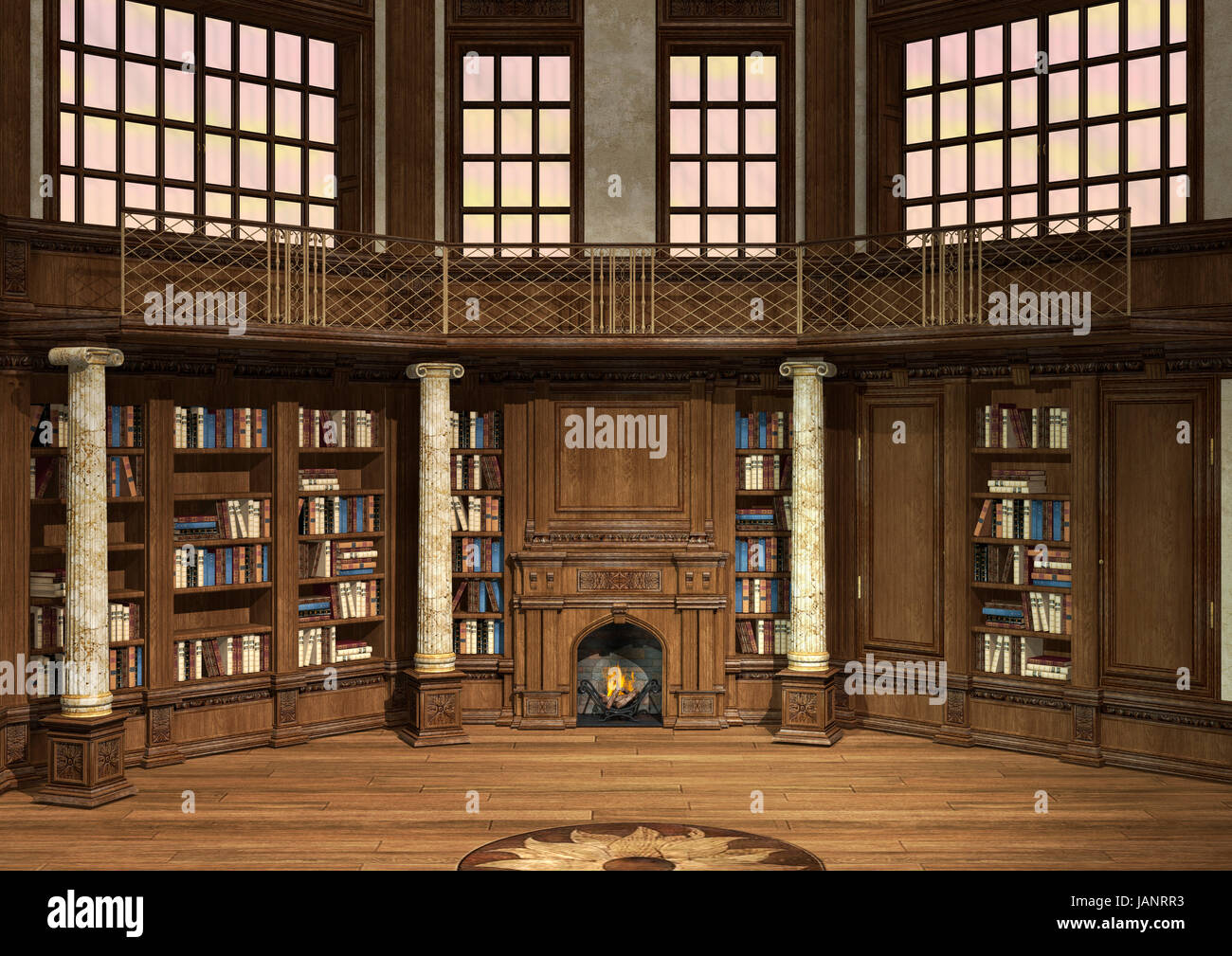 3D digital render of an antique library with lots of books and a ...