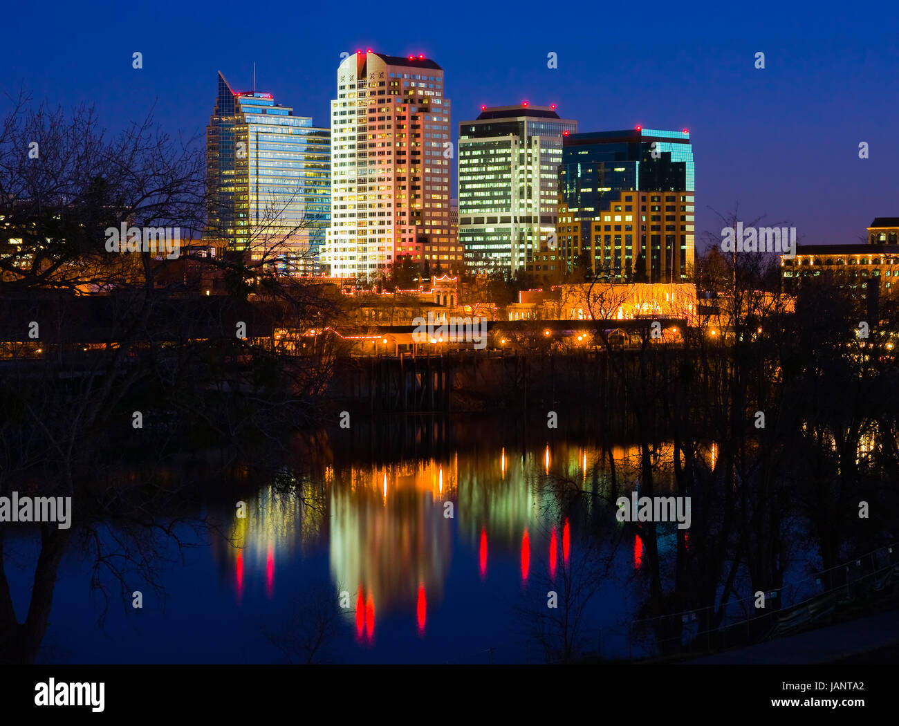 Sacramento Skyline At Night Stock Photo Alamy