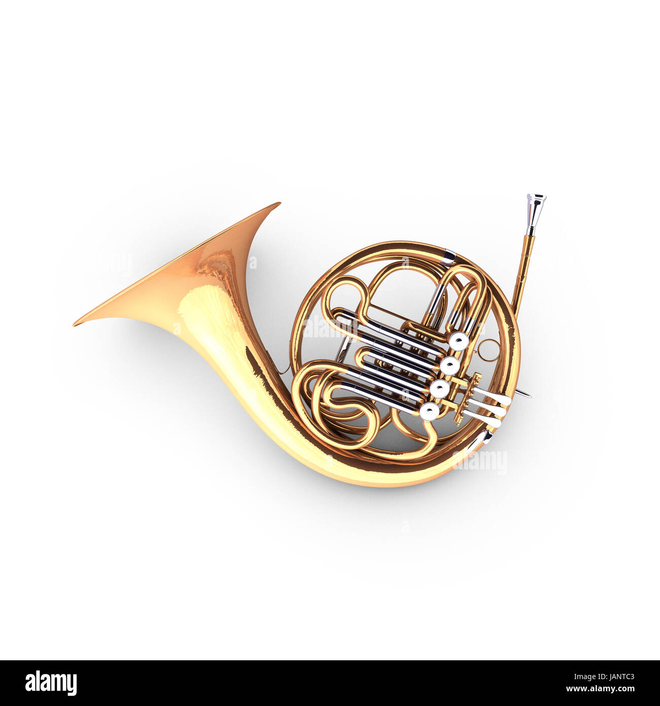 3D french horn (cor). The french horn is a wind instrument. Stock Photo