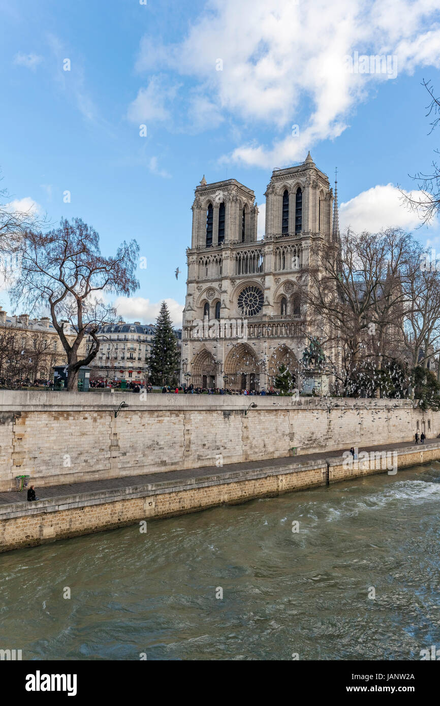 River Seine in front of facade of the Cathedral of Notre Dame de Paris, Ile de la Cite, Paris, France Stock Photo