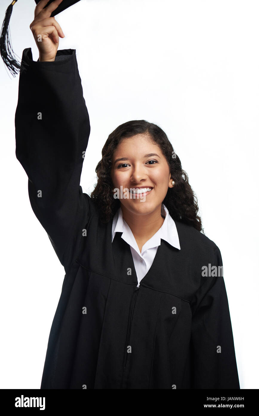 Student girl throw hat isolated on white background. Education theme