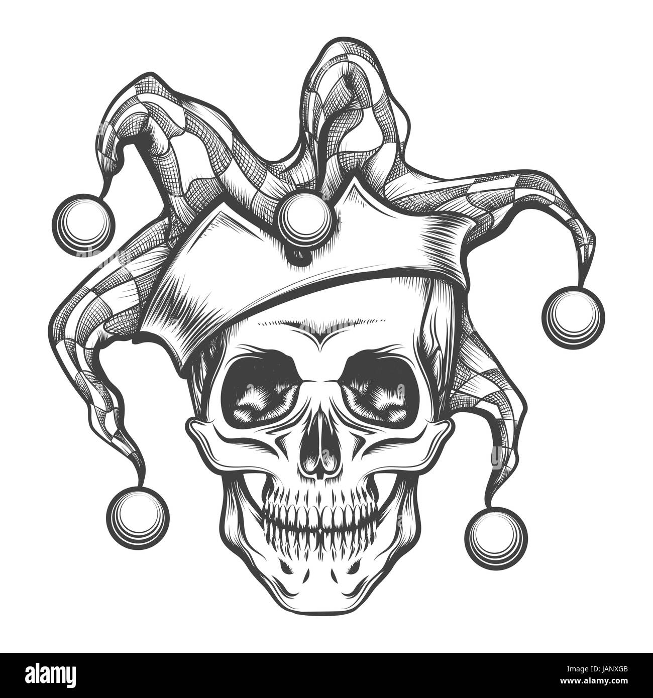 Hand drawn jester skull in fools cap. Vector illustration in engraving tattoo style. Stock Vector