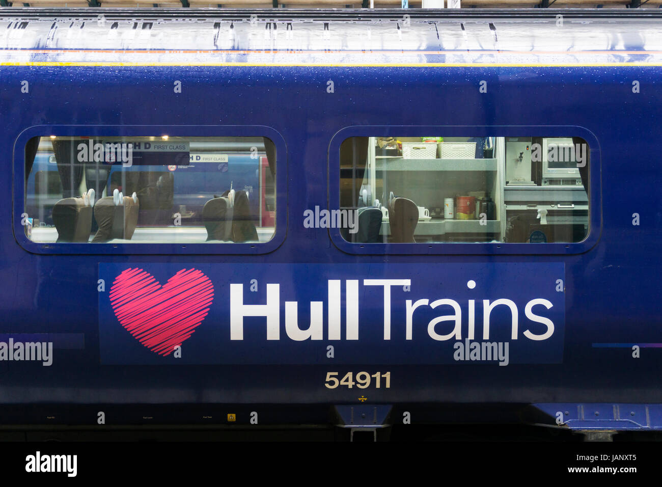 Hull Trains logo on the side of a carriage in Hull Paragon railway station. Stock Photo