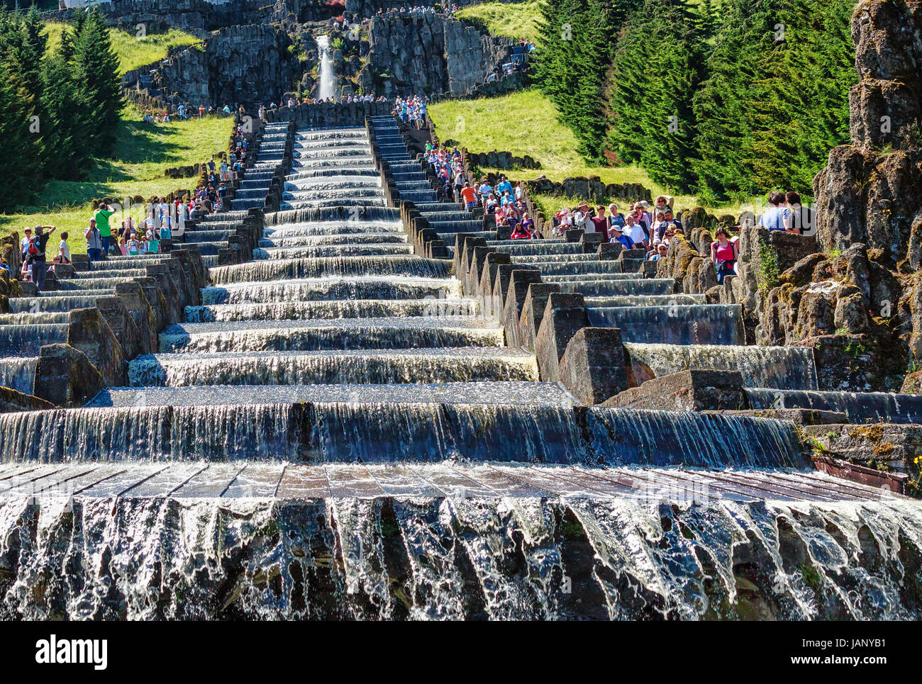 Water running down the cascades during the water features in the Bergpark of the Wilhelmshoehe Palace in Kassel, Germany Stock Photo
