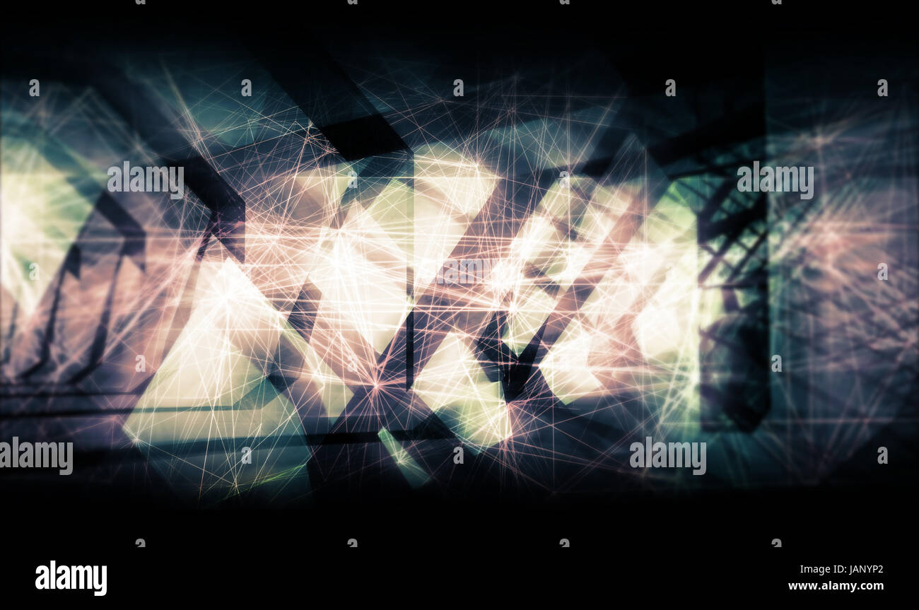 Abstract colorful artistic digital background, high-tech cg concept with chaotic polygonal structures and wire-frame lines, 3d illustration useful as  Stock Photo