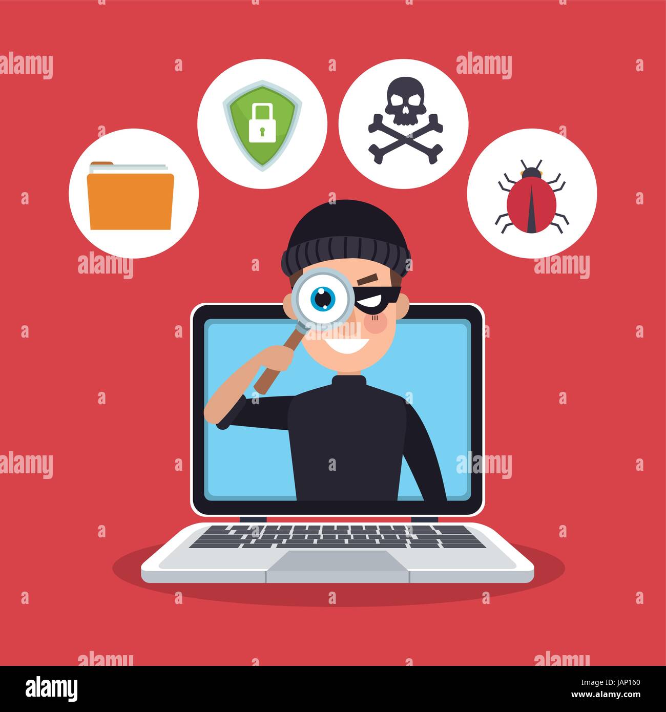 red color background laptop with espionage with hacker Stock Vector ...