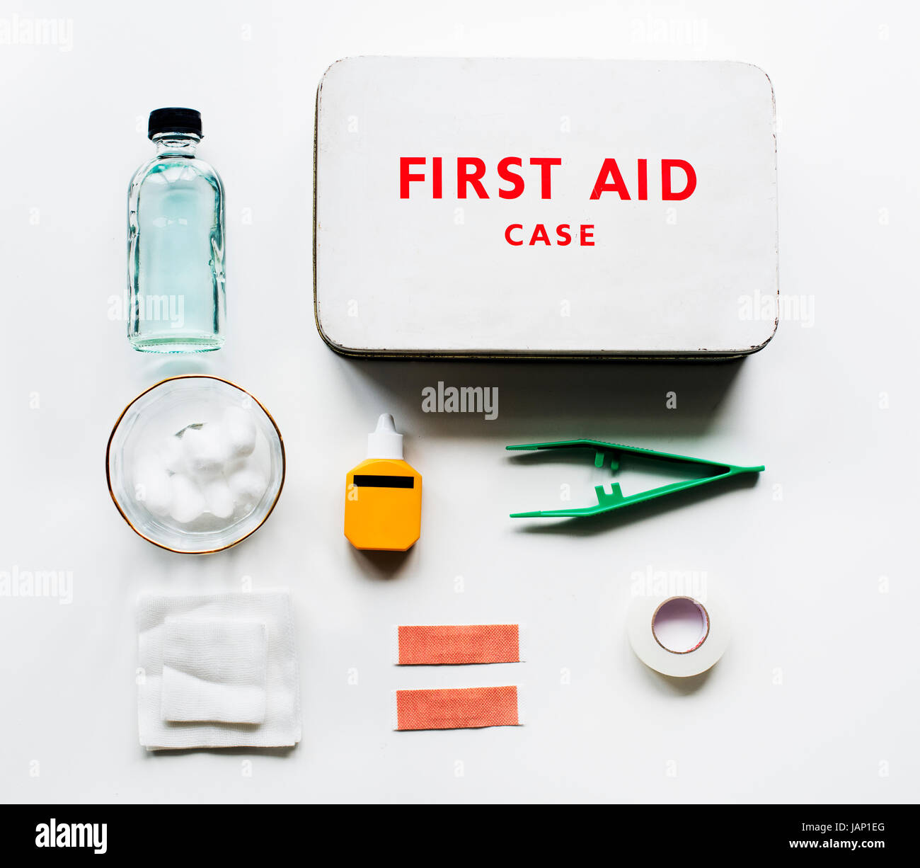 Aerial view of first aid case on white table Stock Photo - Alamy