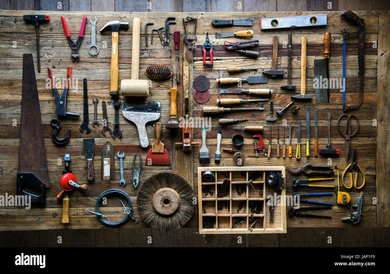 Aerial view of carpenter tools equipment set on wooden table Stock Photo -  Alamy