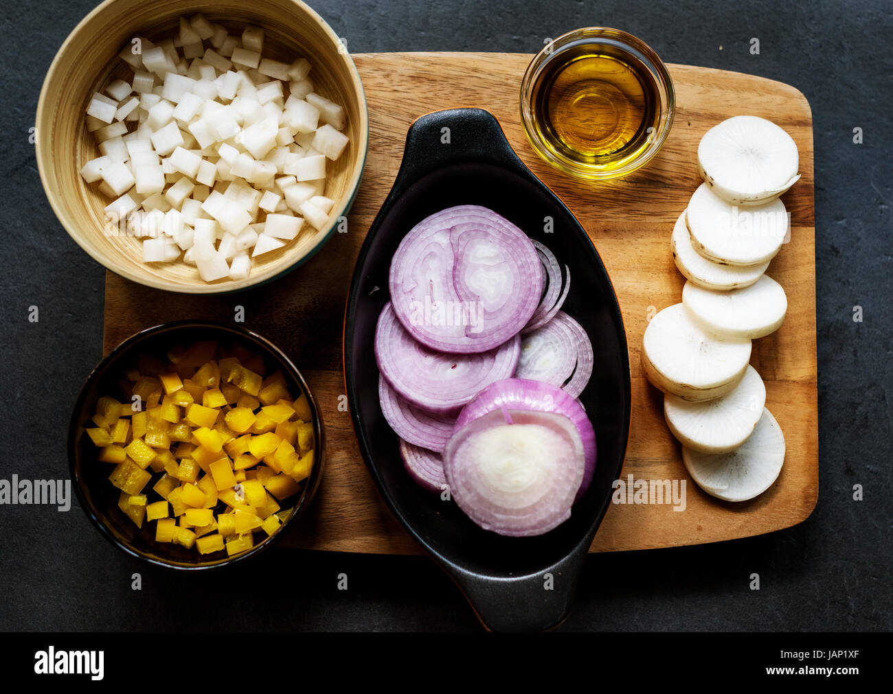 Aerial view of cut vegetable in cups Stock Photo Alamy