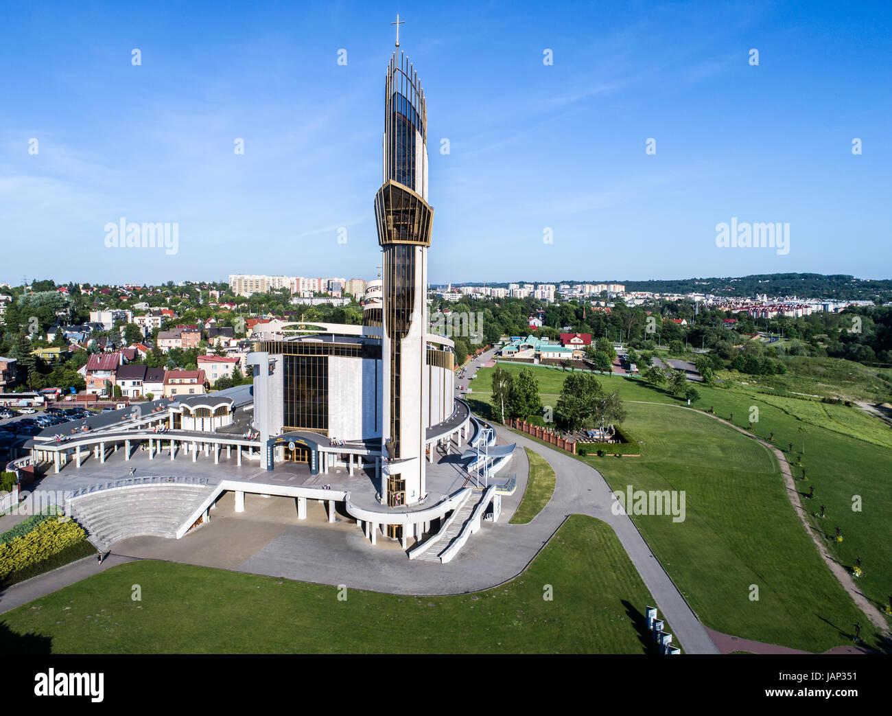 Sanctuary of  Divine Mercy, church, park and the Way of the Cross in Lagiewniki, Cracow, Poland. Aerial view Stock Photo