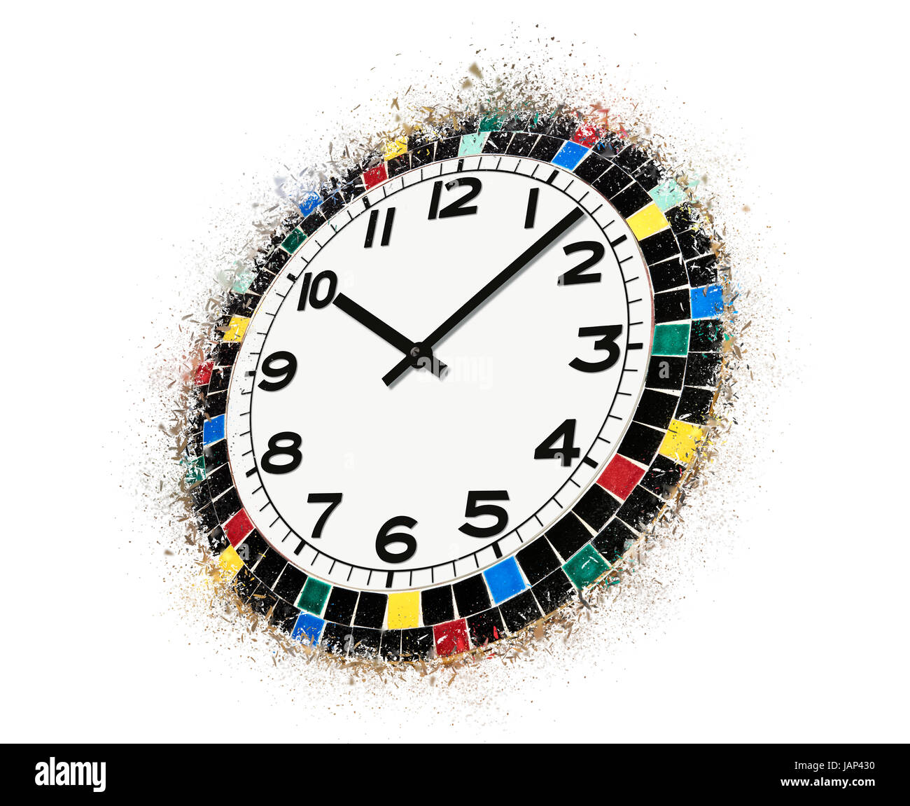 A round clock surrounded by ceramic pieces from Morocco exploding Stock Photo