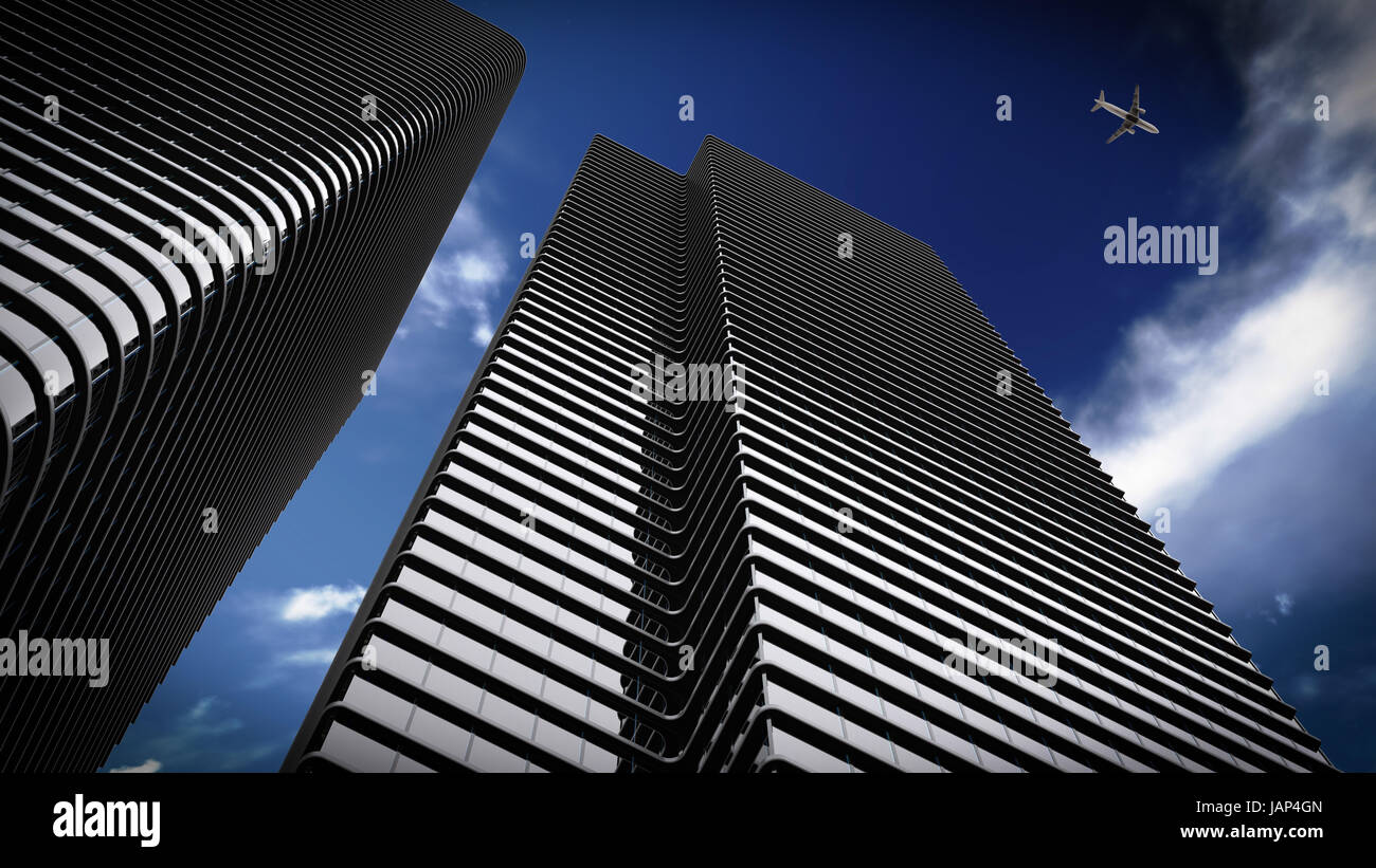Skyscraper with blue sky and airplane in background Stock Photo - Alamy
