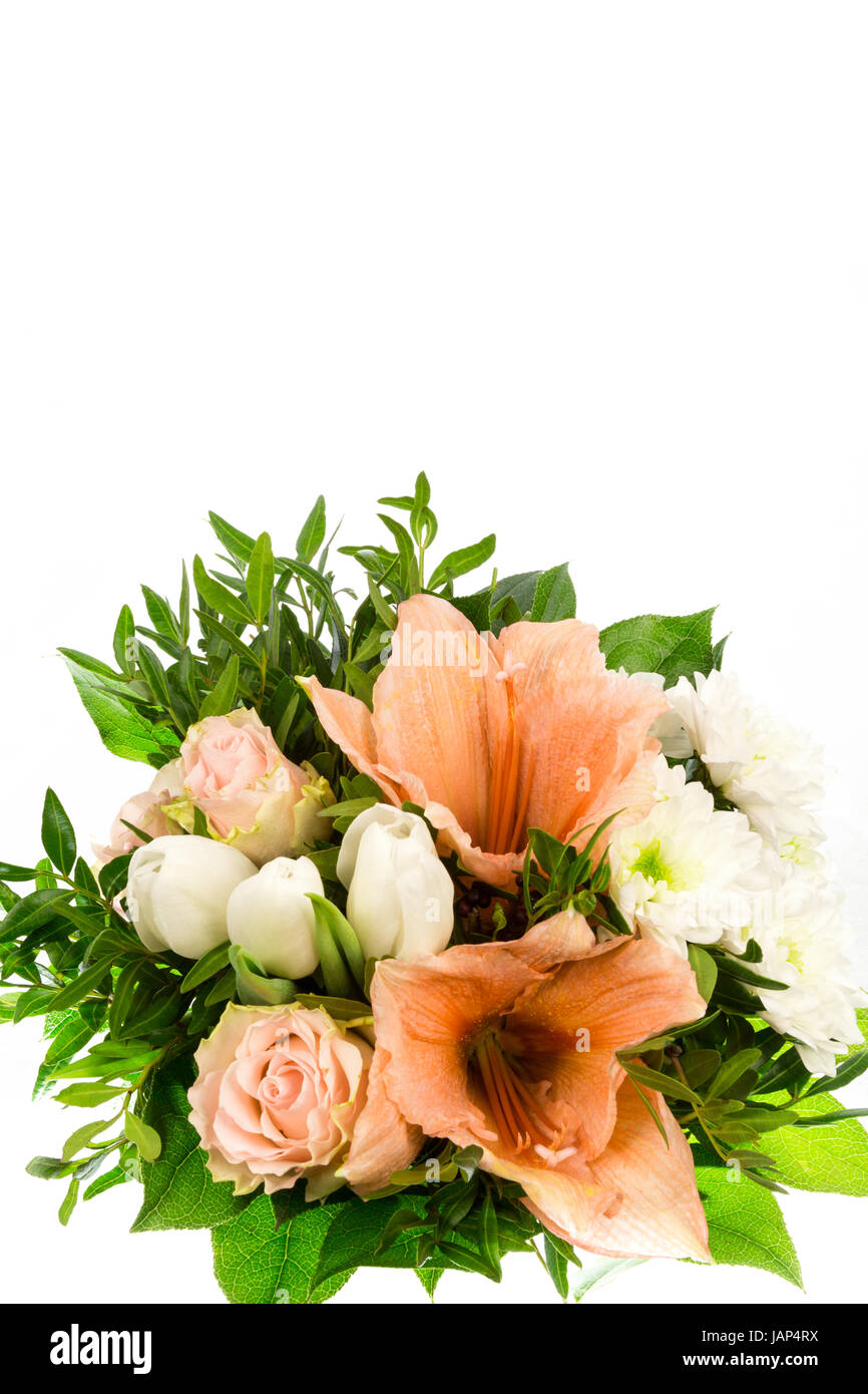 Ein Blumenstrauss mit Rosen, Amaryllis und Chrysanthemen Stock Photo
