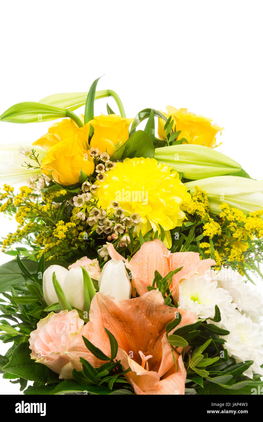 Ein Blumenstrauss mit Rosen, Lilien, Amaryllis und Chrysanthemen Stock Photo