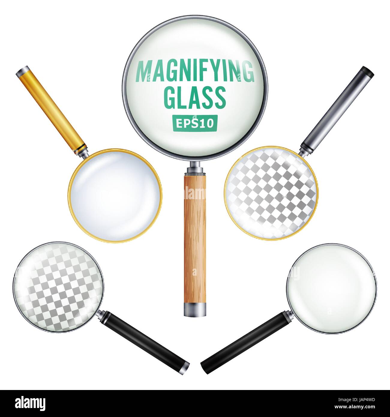 Realistic Magnifying Glass Vector. Set Of Different Magnifying Glass