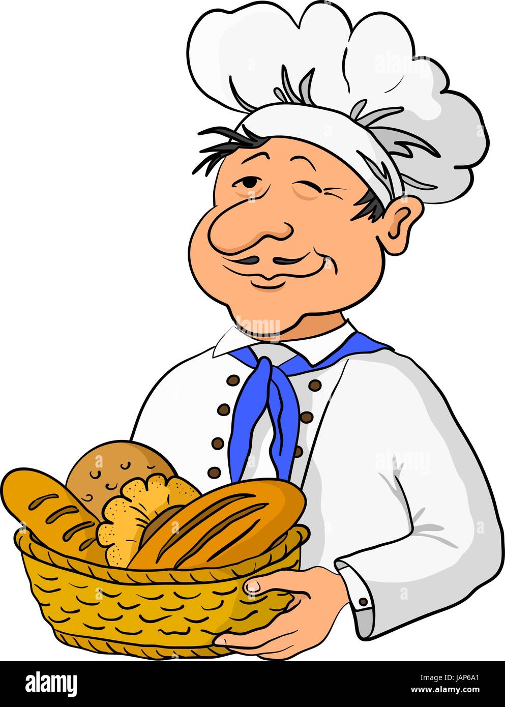 Cartoon cook chef baker with a basket of fresh bread isolated on white