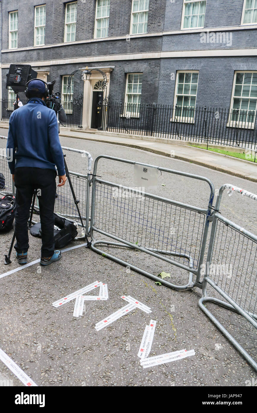 London, UK. 7th June, 2017. A makeshift stand for the UK and International media and press is being erected in Downing Street for the General election results announcement Credit: amer ghazzal/Alamy Live News Stock Photo