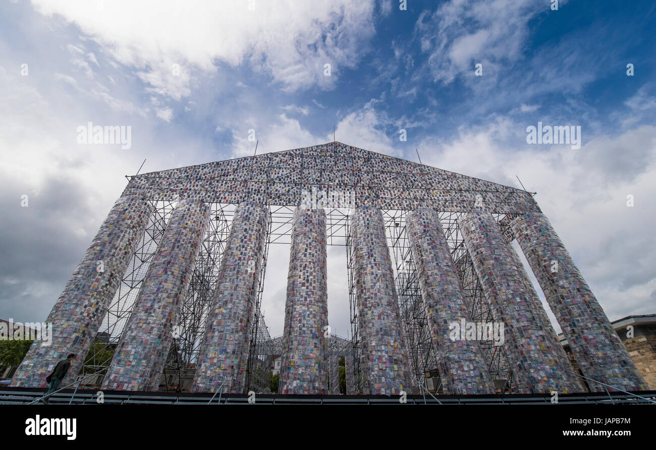 Argentinian conceptual artist Marta Minujin's work 'The Parthenon of Books' in Kassel, Germany, 7 June 2017. The work, a temple constructed using hundreds of thousands of books, is the show-piece at this year's documenta 14 art festival. The festival will officially open on the 10 June 2017. Photo: Boris Roessler/dpa Stock Photo