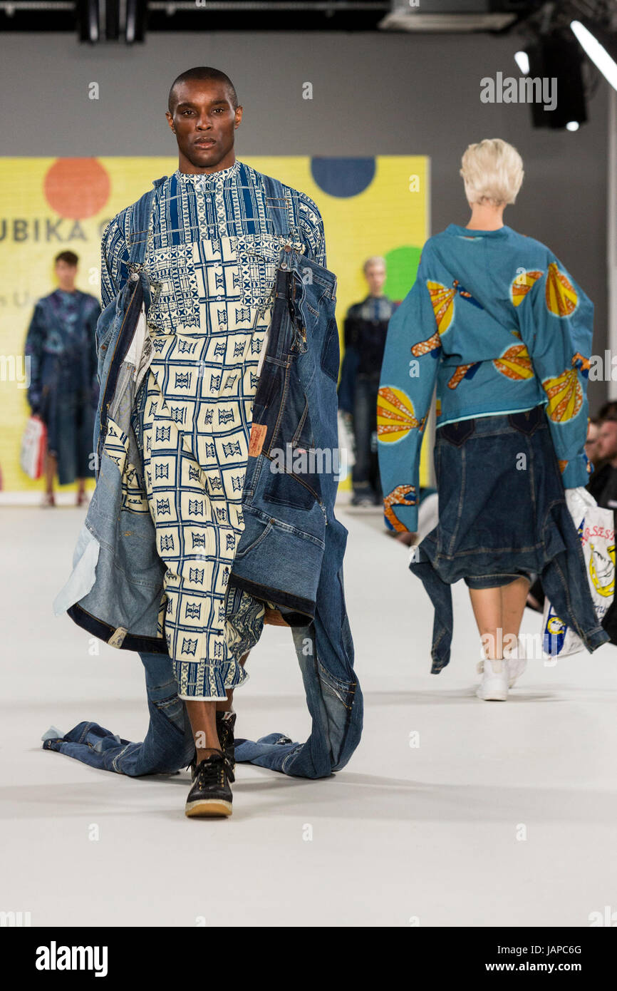 London, UK. 7 June 2017. A model walks the runway wearing a collection created by Kasubika Chola from Kingston University during the Best of Graduate Fashion Week 2017 show at the Old Truman Brewery. Graduate Fashion Week is an annual event that showcases recent graduates' collections from the UK's leading fashion colleges and university courses in a series of fashion shows and exhibitions. Photo: CatwalkFashion/Alamy Live News Stock Photo