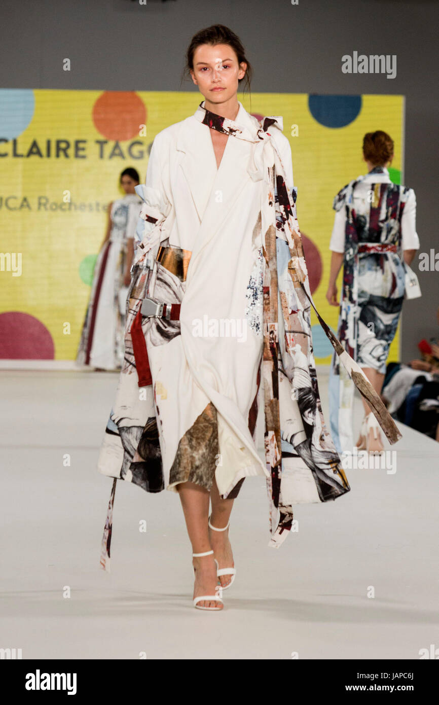 London, UK. 7 June 2017. A model walks the runway wearing a collection created by Claire Tagg from UCA Rochester during the Best of Graduate Fashion Week 2017 show at the Old Truman Brewery. Graduate Fashion Week is an annual event that showcases recent graduates' collections from the UK's leading fashion colleges and university courses in a series of fashion shows and exhibitions. Photo: CatwalkFashion/Alamy Live News Stock Photo