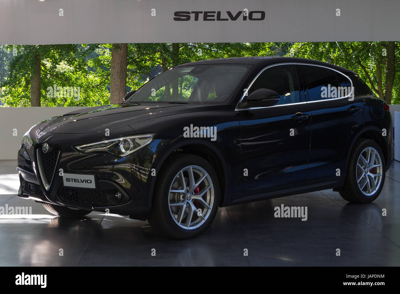 Turin, Italy, 7th June 2017. An Alfa Romeo Stelvio. Third edition of Parco Valentino car show hosts cars by many automobile manufacturers and car designers inside Valentino Park in Torino, Italy. Stock Photo