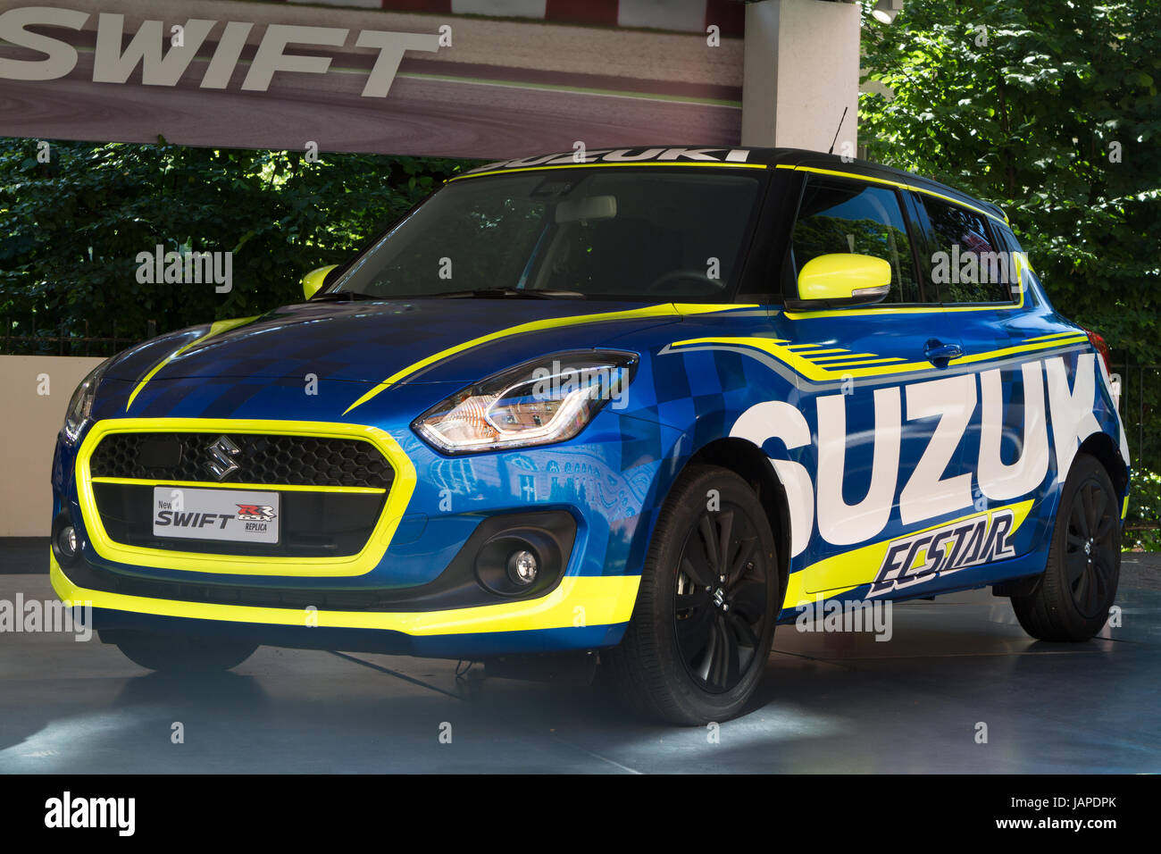 Turin, Italy, 7th June 2017. A Suzuki New Swift. Third edition of Parco Valentino car show hosts cars by many automobile manufacturers and car designers inside Valentino Park in Torino, Italy. Stock Photo
