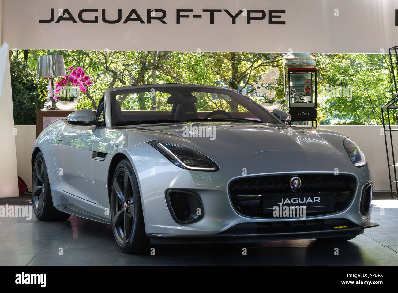 Turin, Italy, 7th June 2017. A Jaguar F-Type 400 Sport. Parco Valentino car show hosts cars by many automobile manufacturers and car designers inside Valentino Park in Torino, Italy. Stock Photo