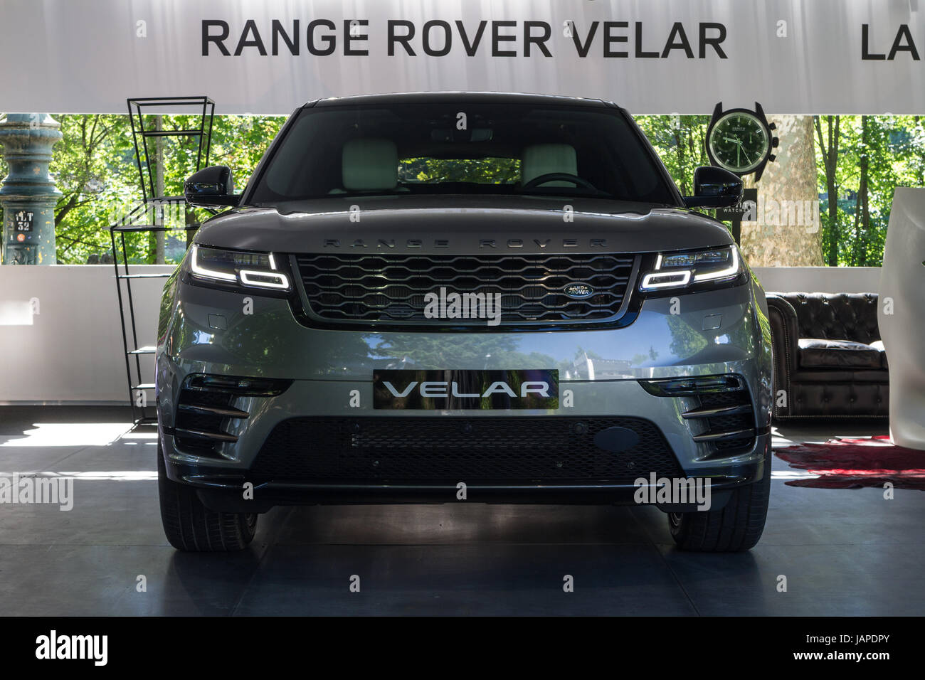 Turin, Italy, 7th June 2017. Front view of Range Rover Velar. Third edition of Parco Valentino car show hosts cars by many automobile manufacturers and car designers inside Valentino Park in Torino, Italy. Stock Photo