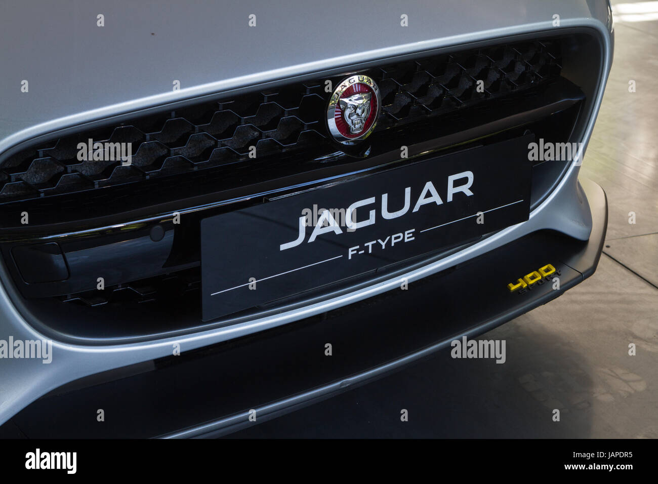 Turin, Italy, 7th June 2017. Detail of Jaguar F-Type 400 Sport. Parco Valentino car show hosts cars by many automobile manufacturers and car designers inside Valentino Park in Torino, Italy. Stock Photo