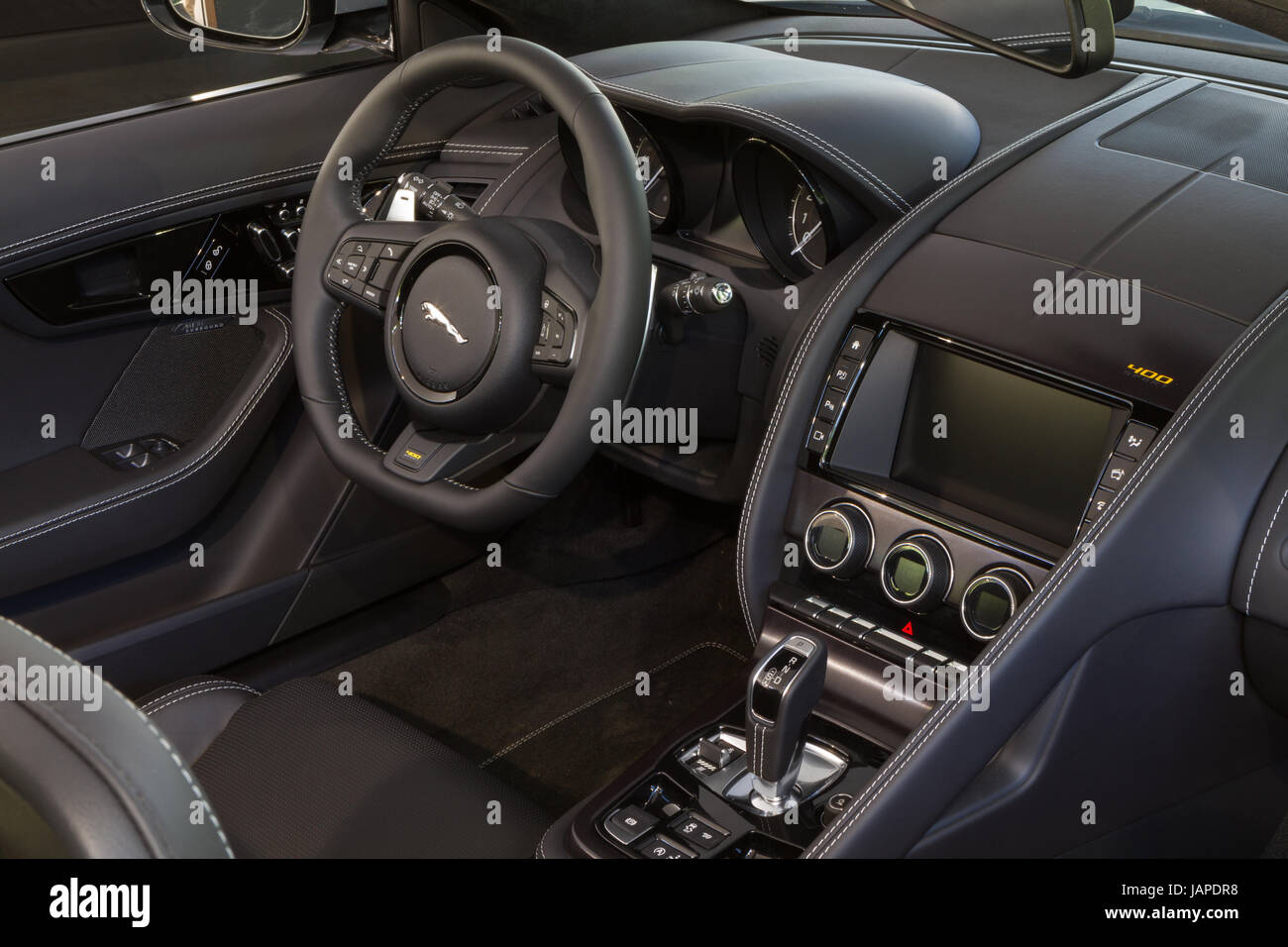 Turin, Italy, 7th June 2017. Interior view and dashboard of Jaguar F-Type 400 Sport. Parco Valentino car show hosts cars by many automobile manufacturers and car designers inside Valentino Park in Torino, Italy. Stock Photo