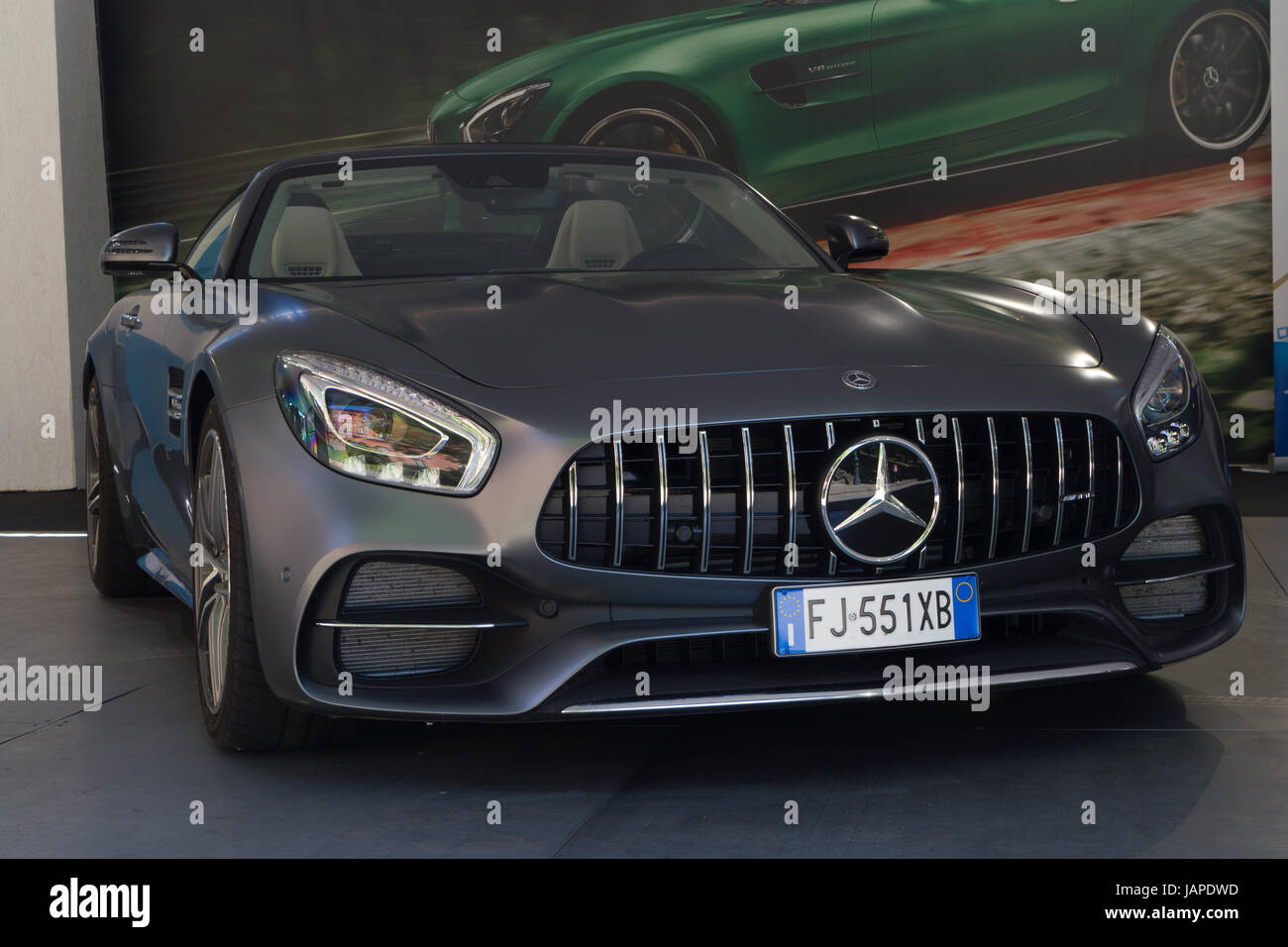 Turin, Italy, 7th June 2017. A Mercedes AMG GT R. Third edition of Parco Valentino car show hosts cars by many automobile manufacturers and car designers inside Valentino Park in Torino, Italy. Stock Photo
