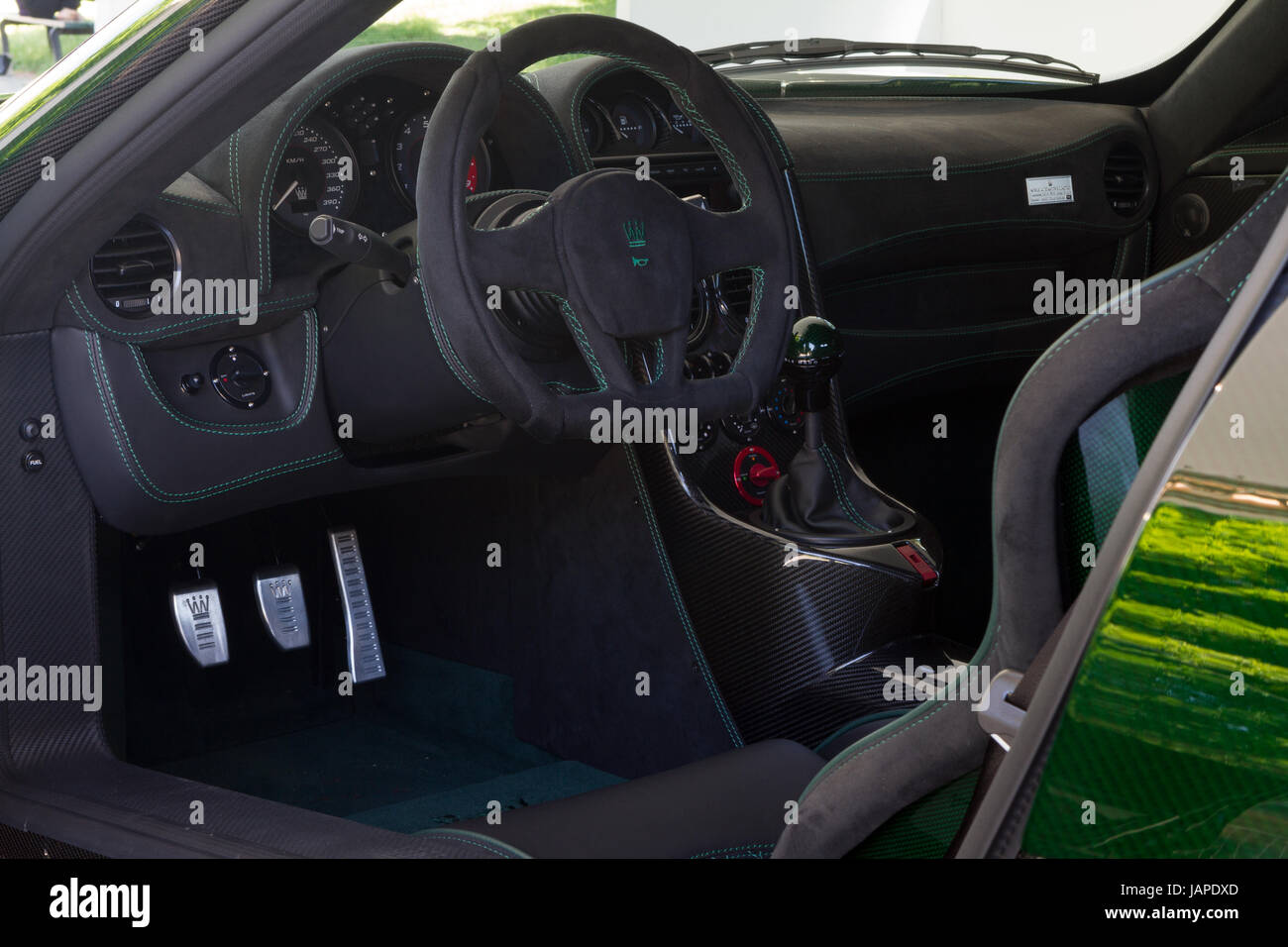 Turin, Italy, 7th June 2017. Interior view and dashboard of Noble M600 Carbon Sport. Parco Valentino car show hosts cars by many automobile manufacturers and car designers inside Valentino Park in Torino, Italy. Stock Photo
