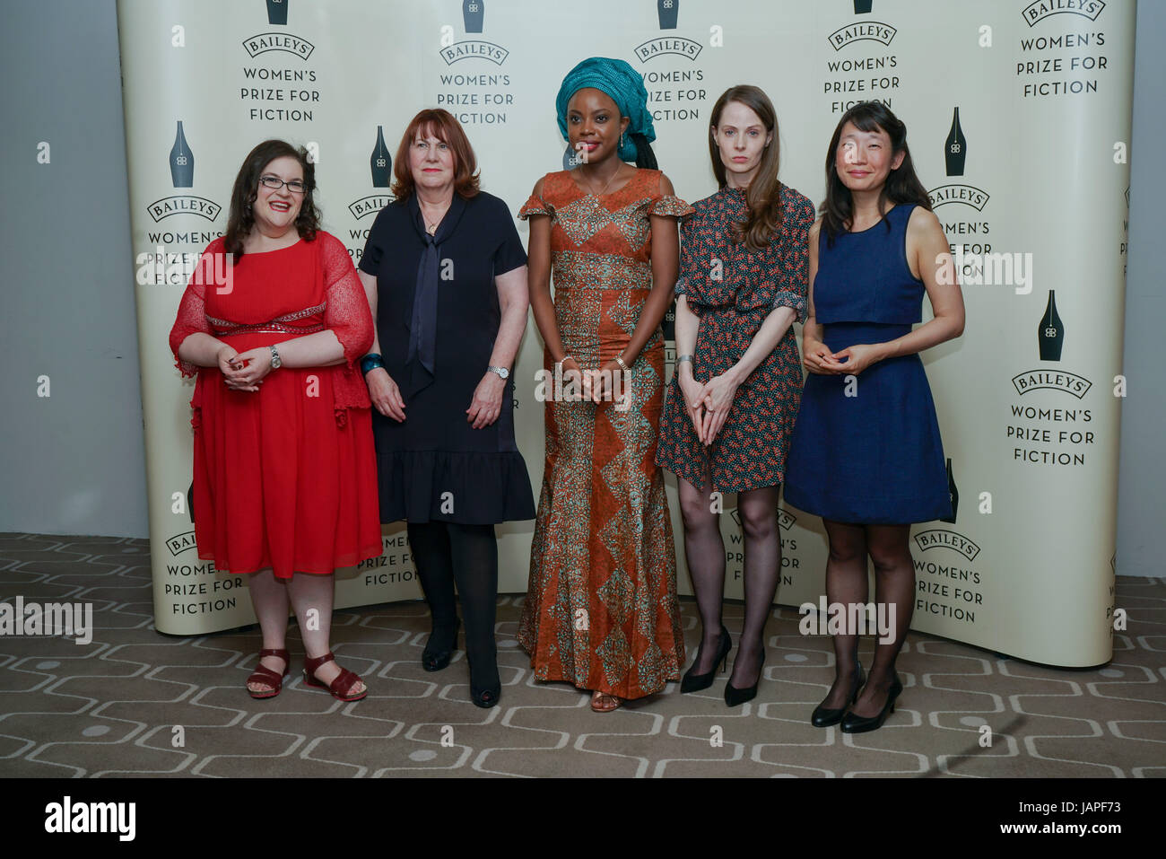 London, UK. 7th June, 2017. Bailey's Women Prize for Fiction 2017 shortlisted authors (L-R) Naomi Alderman, with her book 'The Power', Linda Grant, with her book 'The Dark Circle', Ayobami Adebayo, with her book 'Stay With Me', Gwendoline Riley, with her book 'First Love' and Madeleine Thien, with her book 'Do Not Say We Have Nothing' Credit: See Li/Alamy Live News Stock Photo