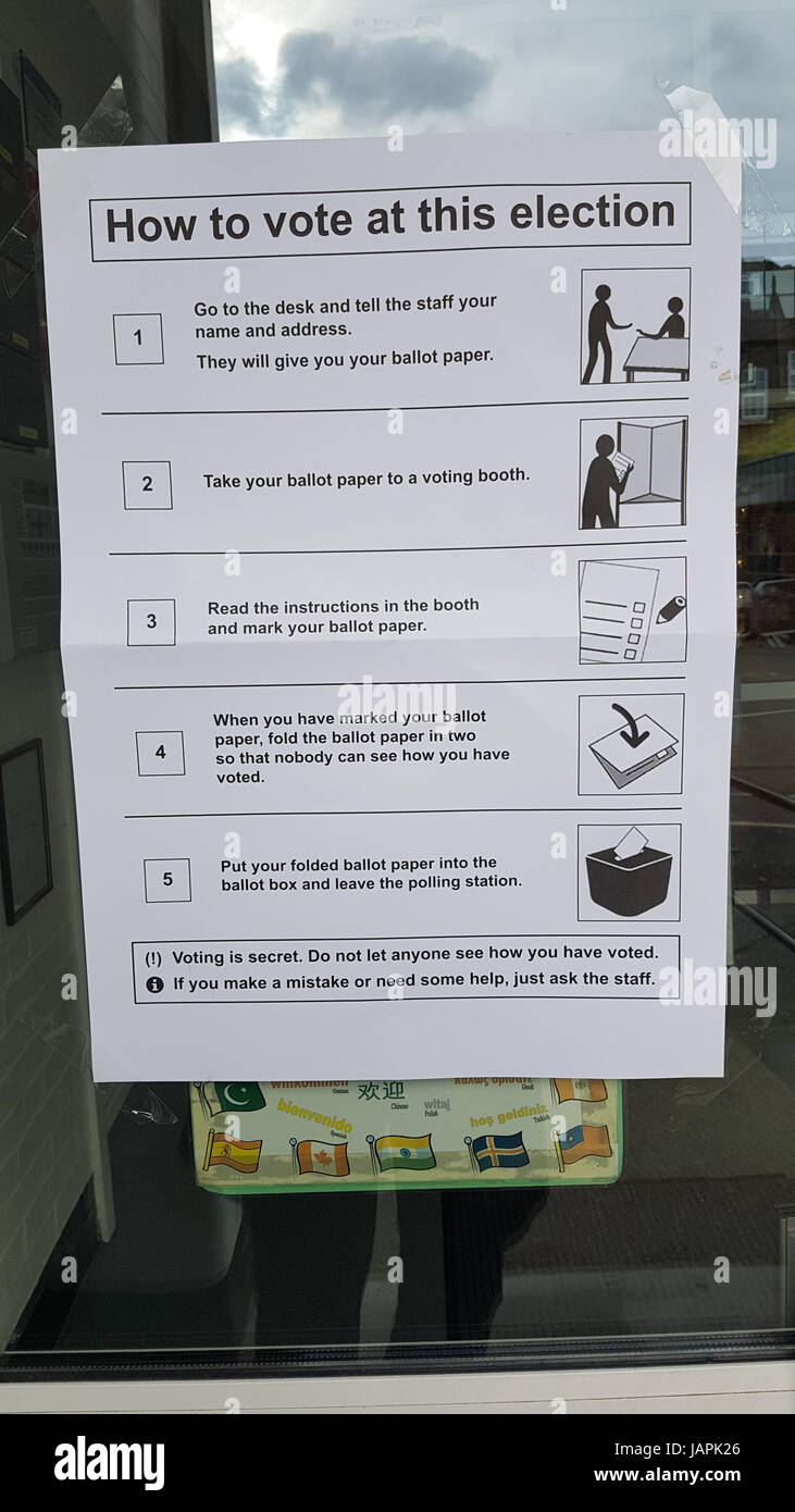 London, UK. 8th June, 2017A how to vote guide posted at a Polling station entrance in Newham ahead of the United Kingdom Parliamentary elections  Credit: david mbiyu/Alamy Live News Stock Photo