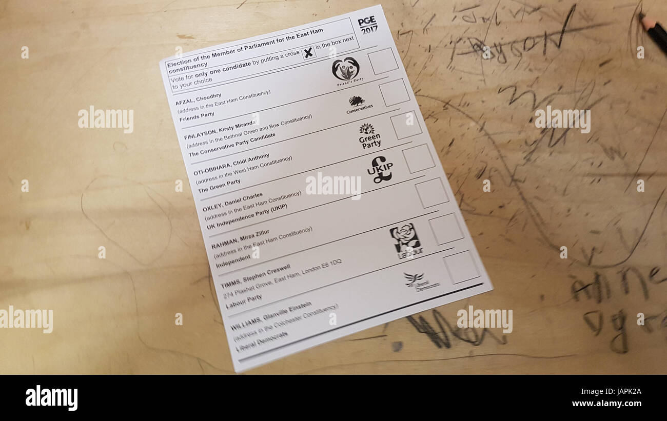 London, UK. 8th June, 2017United Kingdom -  Election ballot card for the  East Ham Member of Parliamentary elections during the 8 June UK elections. Credit: david mbiyu/Alamy Live News Stock Photo