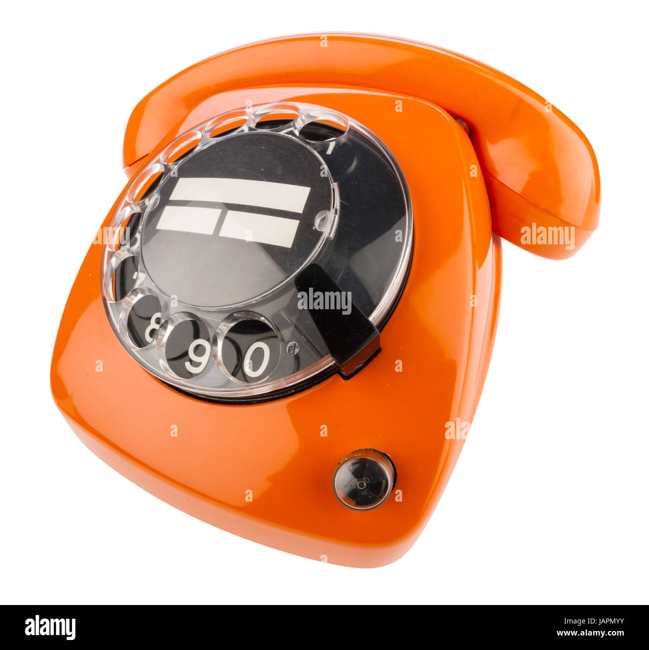 altes retro telefon mit wahlscheibe in orange Stock Photo