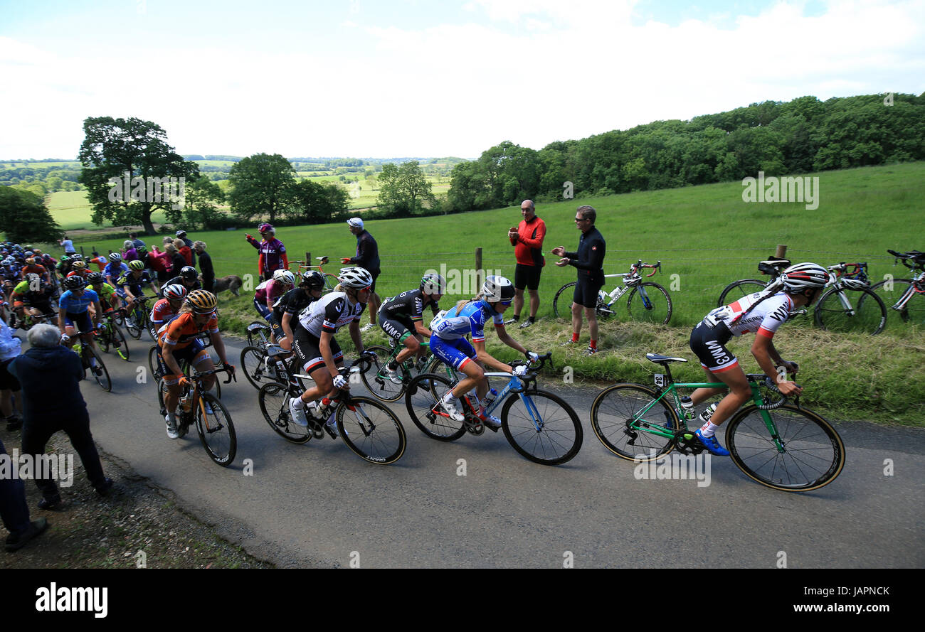 The leaders compete in the SKODA Queen of the Mountains stage one at Haselbech during the Women's Tour of Britain from Daventry to Kettering. PRESS ASSOCIATION Photo. Picture date: Wednesday June 7, 2017. See PA story CYCLING Womens Tour. Photo credit should read: Nigel French/PA Wire Stock Photo