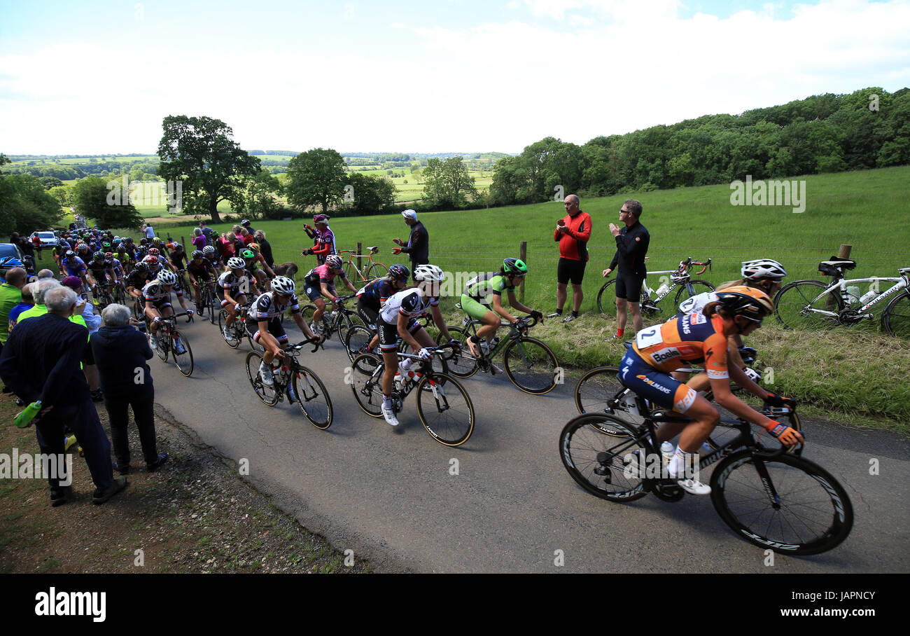The leaders compete in the SKODA Queen of the Mountains stage one at Haselbech during the Women's Tour of Britain from Daventry to Kettering. PRESS ASSOCIATION Photo. Picture date: Wednesday June 7, 2017. See PA story CYCLING Womens Tour. Photo credit should read: Nigel French/PA Wire Stock Photo