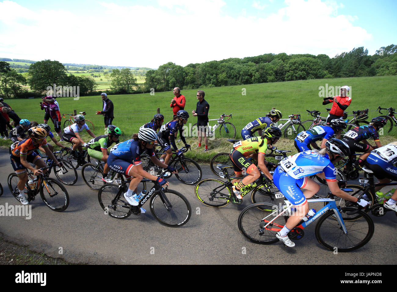 Boels Dolmans Cycling's Lizzie Deignan (bottom left) competes in the SKODA Queen of the Mountains stage one at Haselbech during the Women's Tour of Britain from Daventry to Kettering. Stock Photo