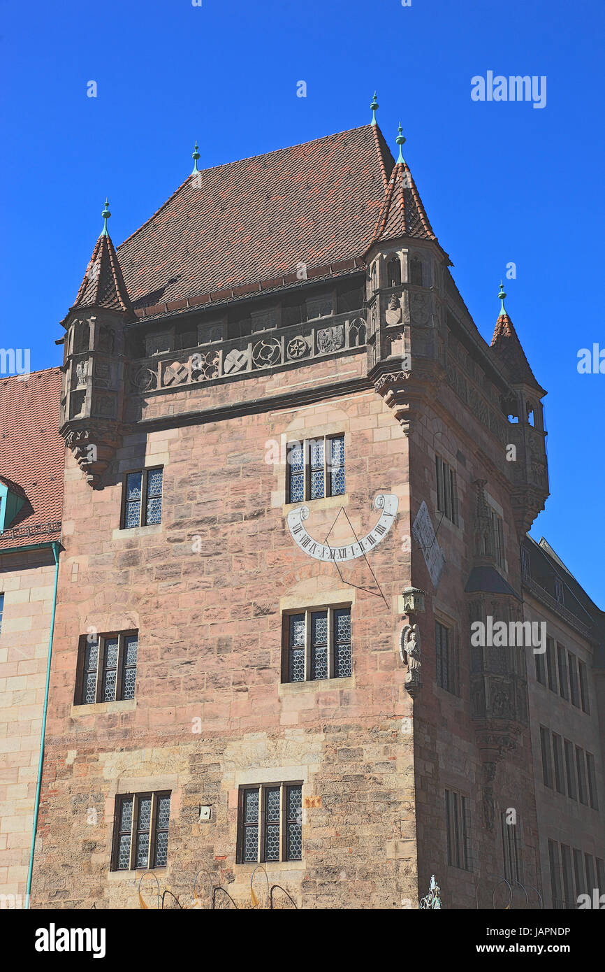 Nuremberg, the Nassauer Haus or Schluesselfeldersche Stiftungshaus, medieval tower-house at the street Karolinenstrasse, Middle Franconia, Bavaria, Ge Stock Photo