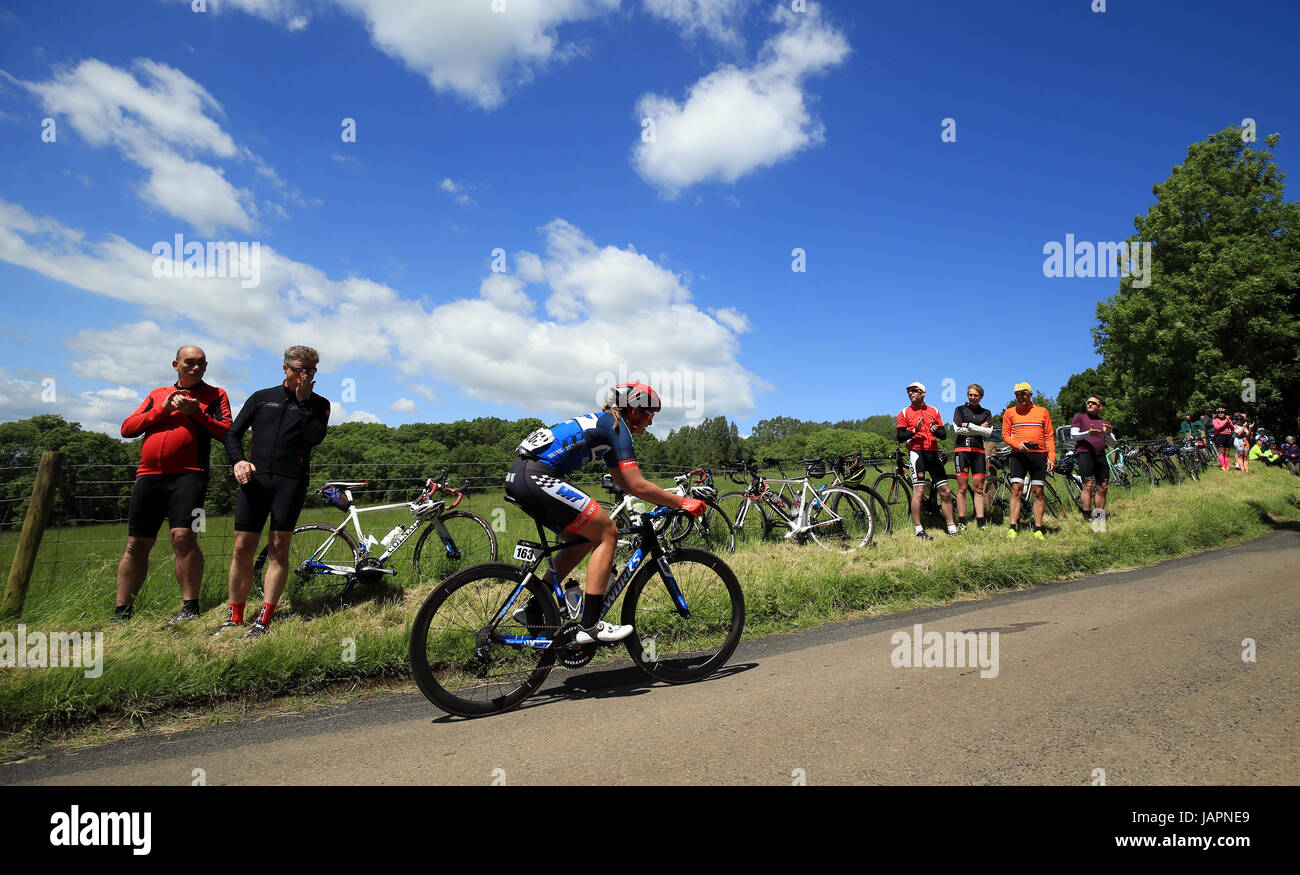 Team Wnt Pro Cycling's Hayley Jones is cut adrift at the back of the field in the SKODA Queen of the Mountains stage one at Haselbech during the Women's Tour of Britain from Daventry to Kettering. Stock Photo