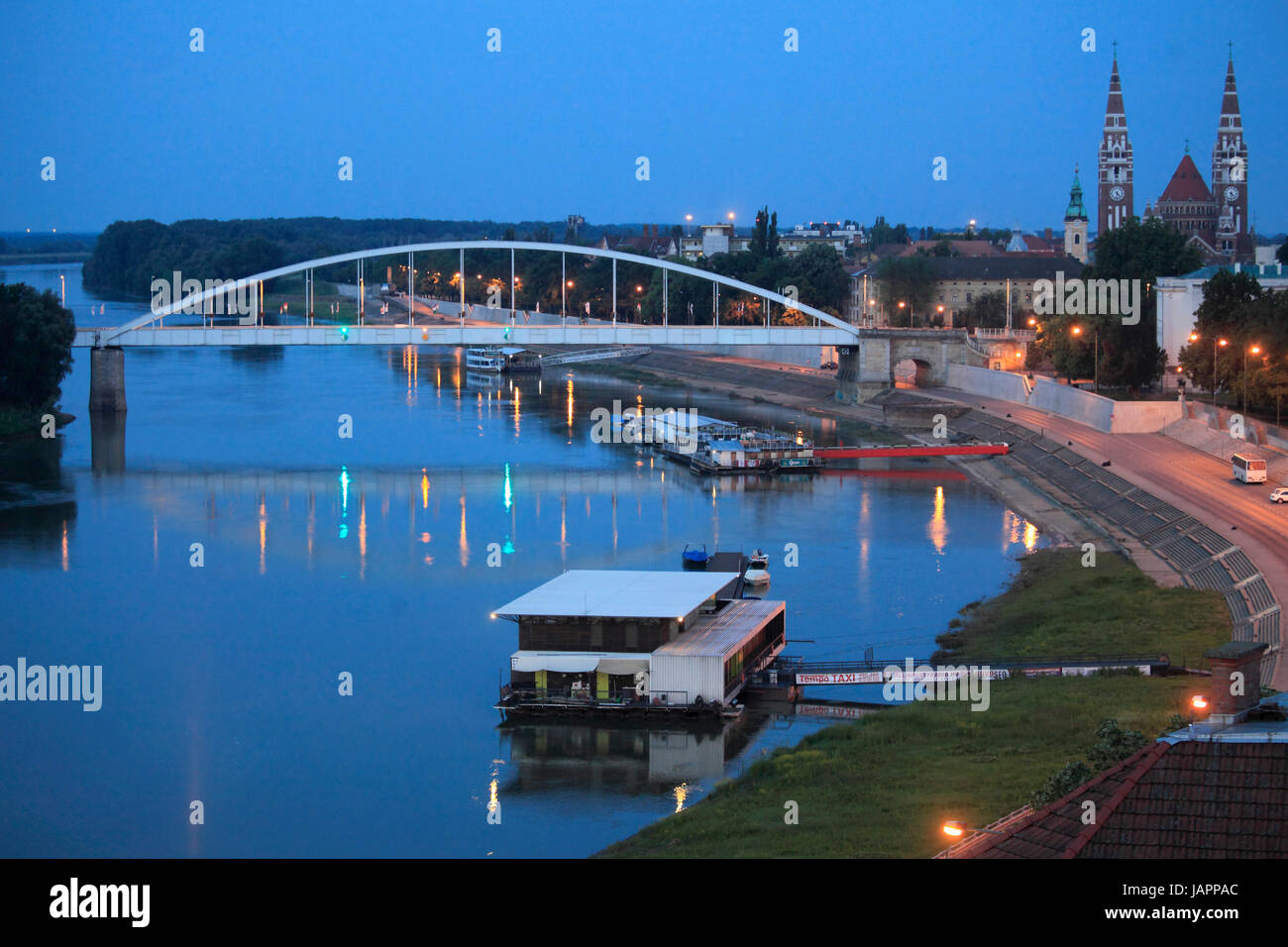 Hungary, Szeged, Cathedral, Tisza River, Inner City Bridge, Stock Photo