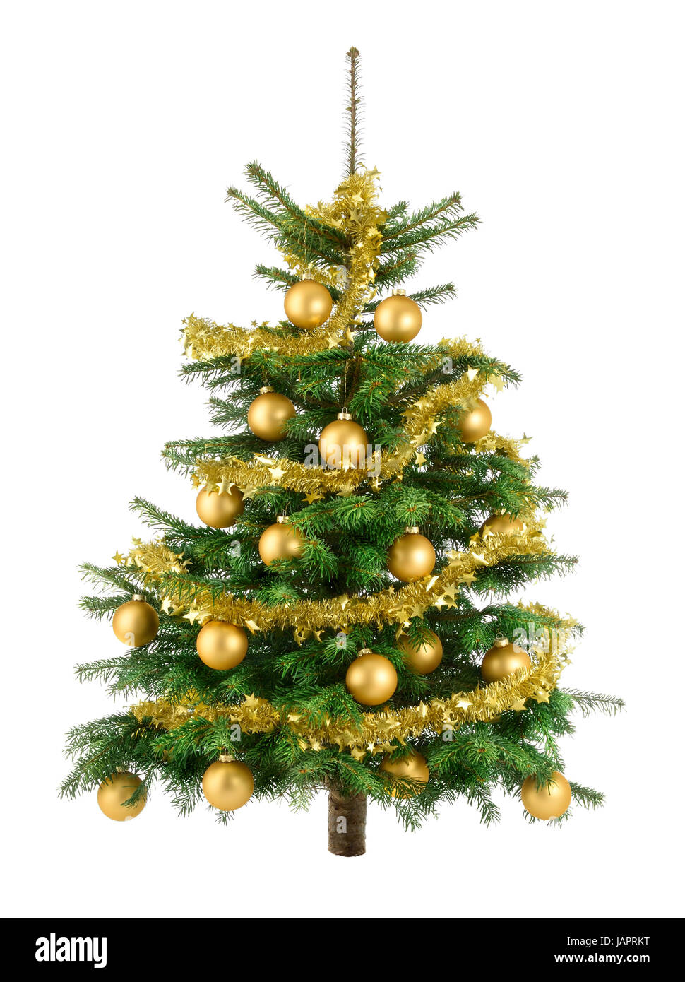 Studioaufnahme von gold geschmücktem Weihnachtsbaum auf weiß Stock Photo