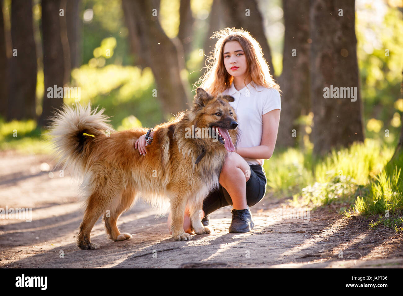 Teenage girl in white shirt with her dog sitting on pathway in the park ...