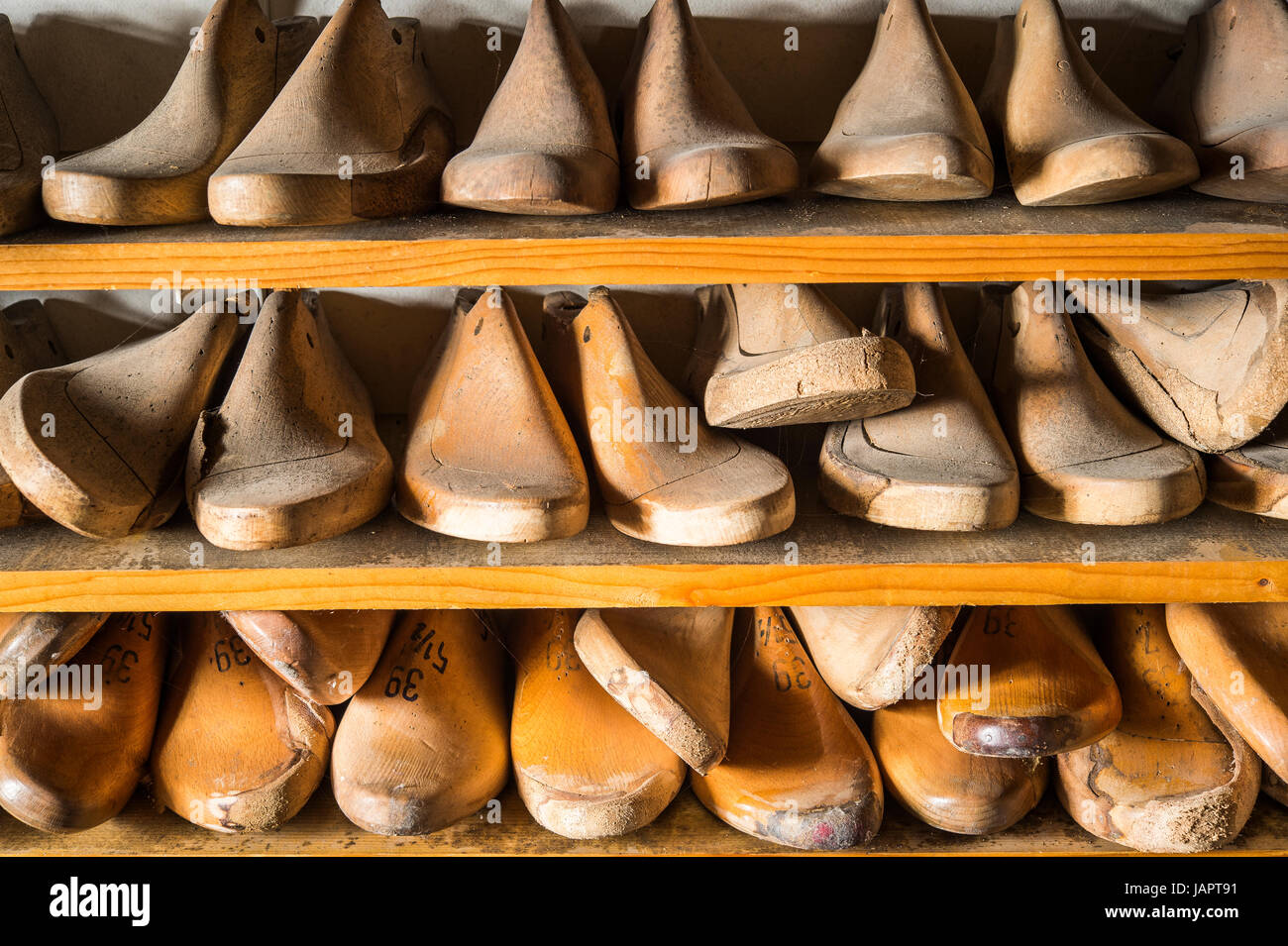 Shoemaker, wooden lasts in shelves, Kainisch, Styria, Austria Stock Photo